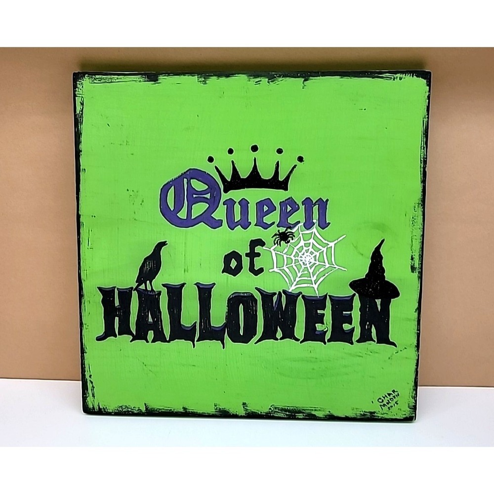 Handmade Painted Wood Green/Purple/Black‎ "Queen of Halloween" Sign-Wall/Shelf